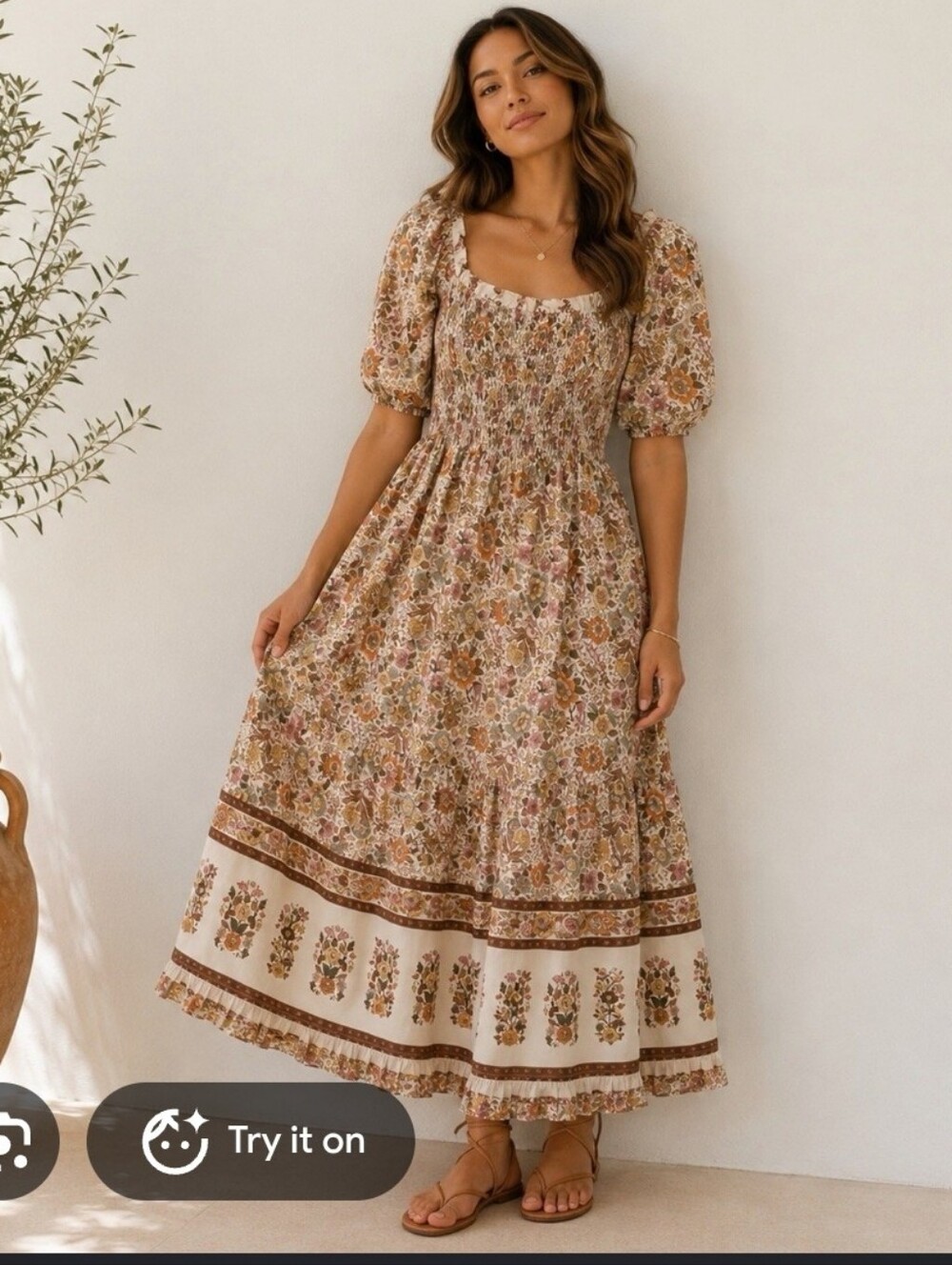 Kindred Floral Smocked Maxi Dress in Cream and Brown